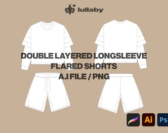 Streetwear Longsleeve T Shirt Template Flared Shorts Vector Mockup Illustrator Template Procreate Template Vector Tech Pack Clothing Mockup