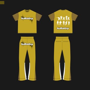 May include: A yellow t-shirt with the word "lullaby" printed on the front and a graphic of soldiers on the back. Matching yellow trousers with the word "lullaby" printed on the back.
