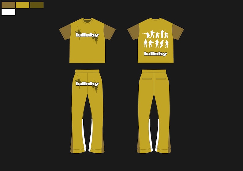 May include: A yellow t-shirt with the word "lullaby" printed on the front and a graphic of soldiers on the back. Matching yellow trousers with the word "lullaby" printed on the back.