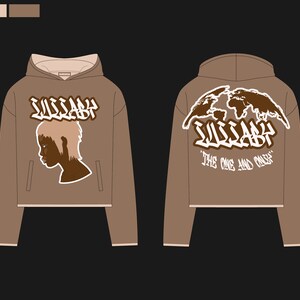 May include: Brown hoodie with a front pocket and a hood. The front features a graphic of a person's profile and the word "LUSSABY". The back displays a world map graphic and the text "LUSSABY" and "THE ONE AND ONLY".