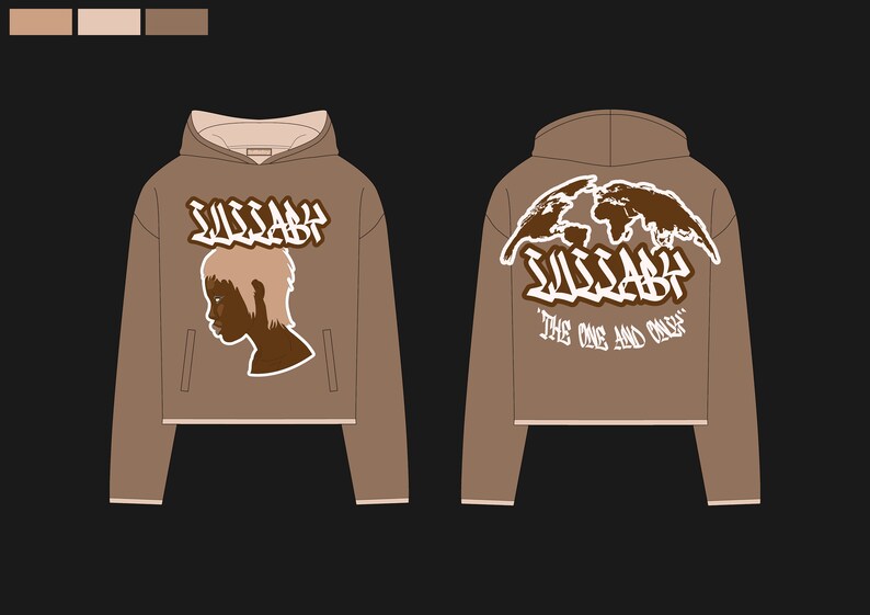 May include: Brown hoodie with a front pocket and a hood. The front features a graphic of a person's profile and the word "LUSSABY". The back displays a world map graphic and the text "LUSSABY" and "THE ONE AND ONLY".