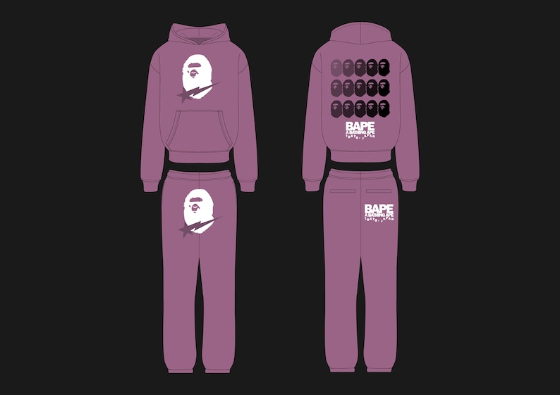 May include: A mauve hoodie and sweatpants set. The hoodie features a white graphic of a cartoon ape head with a star. The sweatpants have the same graphic on the front and the brand name on the back. The set is displayed on a black background.