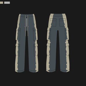 May include: Illustration of cargo pants in a flat lay style. The pants are dark gray with a light tan accent on the sides. The pants have multiple pockets and a drawstring waist. The background is black.