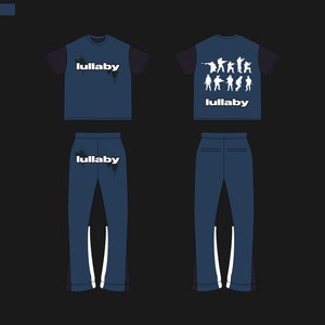 May include: A blue and black tracksuit with white accents. The top has the word "lullaby" printed on the front and a graphic of soldiers on the back. The trousers have the word "lullaby" printed on the back.