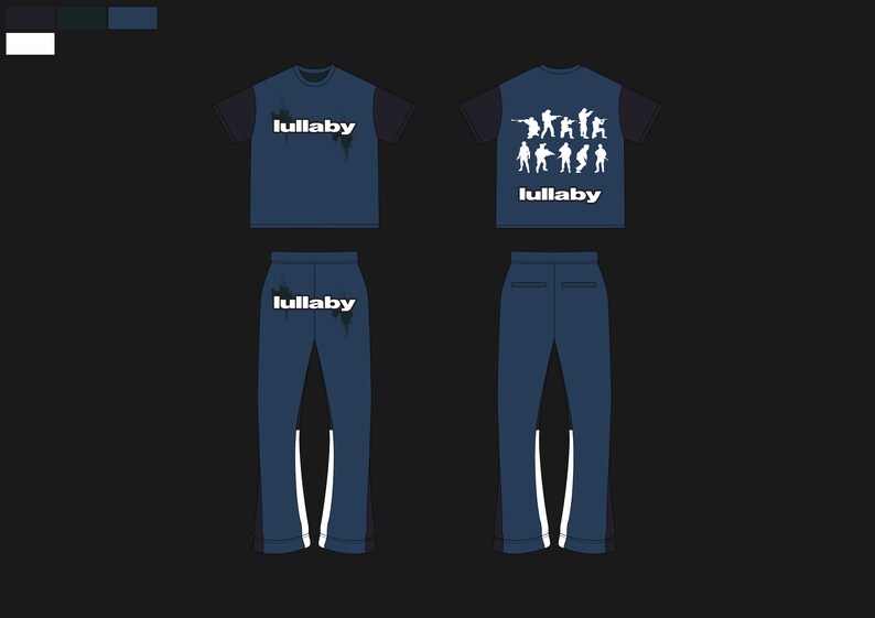 May include: A blue and black tracksuit with white accents. The top has the word "lullaby" printed on the front and a graphic of soldiers on the back. The trousers have the word "lullaby" printed on the back.