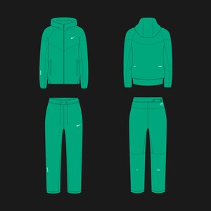 May include: A green hooded jacket and matching sweatpants with a white Nike swoosh logo on the front. The jacket has a zipper closure and a drawstring hood. The sweatpants have a drawstring waistband and side pockets.