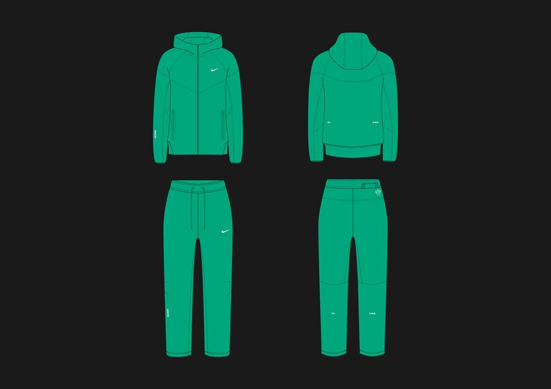 May include: A green hooded jacket and matching sweatpants with a white Nike swoosh logo on the front. The jacket has a zipper closure and a drawstring hood. The sweatpants have a drawstring waistband and side pockets.