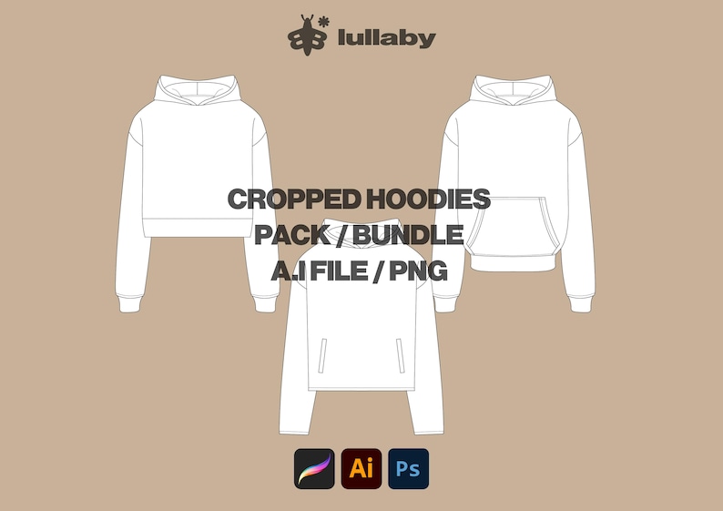 May include: White cropped hoodies pack/bundle design with the text "CROPPED HOODIES PACK / BUNDLE A.I FILE / PNG". The image includes three hoodie designs and the logos for Procreate, Adobe Illustrator, and Adobe Photoshop.