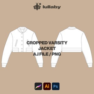 Vector Cropped Varsity Jacket Template Jacket Mockup Illustrator Template Procreate Clothing Mockup flat Drawing Vector Tech Pack Ai Blank