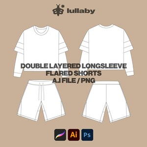 Streetwear Longsleeve T Shirt Template Flared Shorts Vector Mockup Illustrator Template Procreate Template Vector Tech Pack Clothing Mockup