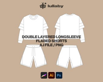 Streetwear Longsleeve T Shirt Template Flared Shorts Vector Mockup Illustrator Template Procreate Template Vector Tech Pack Clothing Mockup