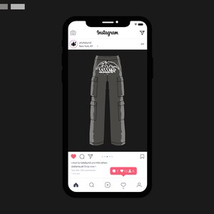 May include: A digital illustration of gray cargo pants displayed on a smartphone screen. The pants have multiple pockets and the word "Salsare" in white on the back. The Instagram interface is visible, showing likes and comments.