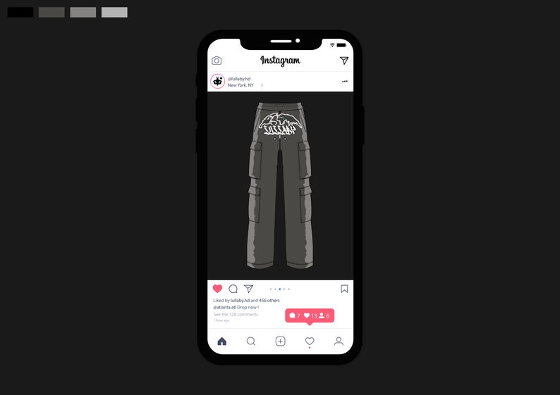 May include: A digital illustration of gray cargo pants displayed on a smartphone screen. The pants have multiple pockets and the word "Salsare" in white on the back. The Instagram interface is visible, showing likes and comments.