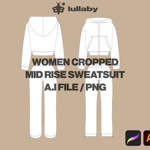 May include: Line drawing illustration of a women's cropped mid-rise tracksuit with a hoodie and sweatpants. The text "WOMEN CROPPED MID RISE SWEATSUIT A.I FILE / PNG" is below the image.