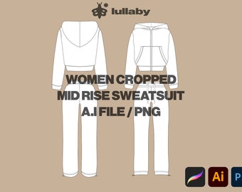 Women Cropped Hoodie Template Tracksuit Mockup Joggers Vector Illustrator Mockup Procreate Mockup Template Clothing Design Hoodie Tech Pack