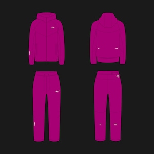 May include: A magenta tracksuit with a hooded jacket and matching pants. The jacket has a zipper closure and a white logo on the chest. The pants have a drawstring waistband and a white logo on the right leg.
