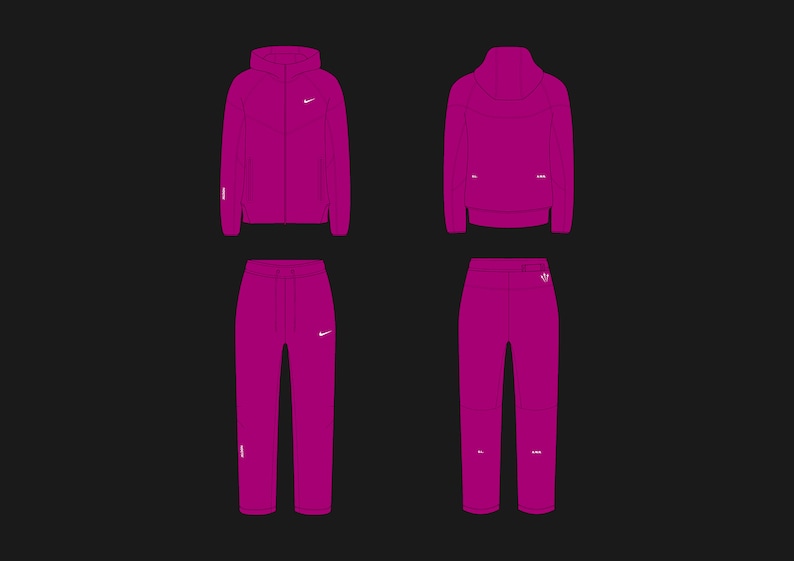May include: A magenta tracksuit with a hooded jacket and matching pants. The jacket has a zipper closure and a white logo on the chest. The pants have a drawstring waistband and a white logo on the right leg.