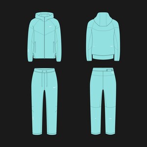 May include: A light blue tracksuit with a hooded jacket and matching pants. The jacket has a zipper closure and a white swoosh logo on the chest. The pants have a drawstring waistband and a white swoosh logo on the left leg.