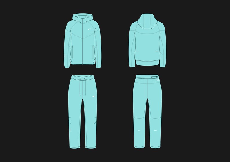 May include: A light blue tracksuit with a hooded jacket and matching pants. The jacket has a zipper closure and a white swoosh logo on the chest. The pants have a drawstring waistband and a white swoosh logo on the left leg.