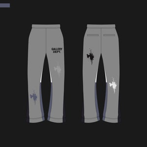 May include: Grey sweatpants with a white stripe down the side and a black paint splatter design. The sweatpants have the text "GALLERY DEPT." printed on the left leg.