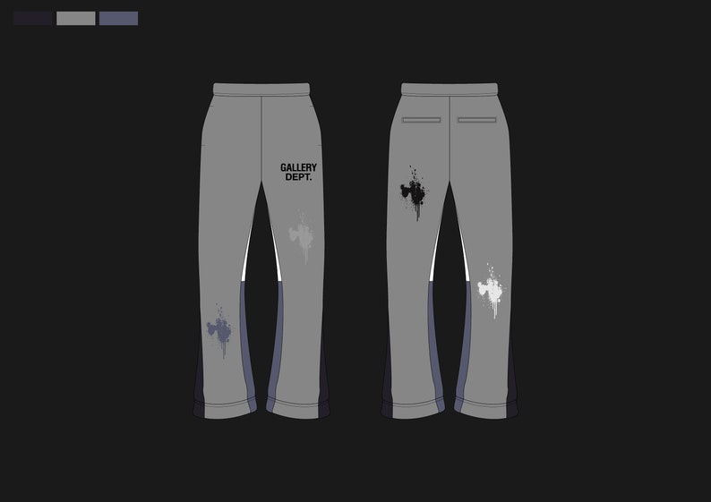 May include: Grey sweatpants with a white stripe down the side and a black paint splatter design. The sweatpants have the text "GALLERY DEPT." printed on the left leg.