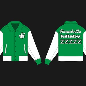 Peut inclure: Veste de baseball verte et blanche avec un motif d'abeille sur le c&ocirc;t&eacute; gauche et le texte "Remember the lullaby ZZZZZ" au dos.