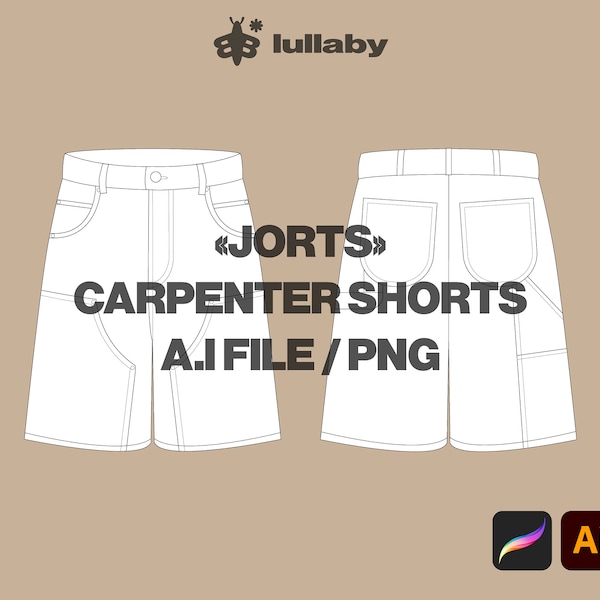 Carpenter Shorts Template Jorts Shorts Tech Pack Streetwear Vector Clothing Template Illustrator Mockup Clothing Flat Vector Tech Pack