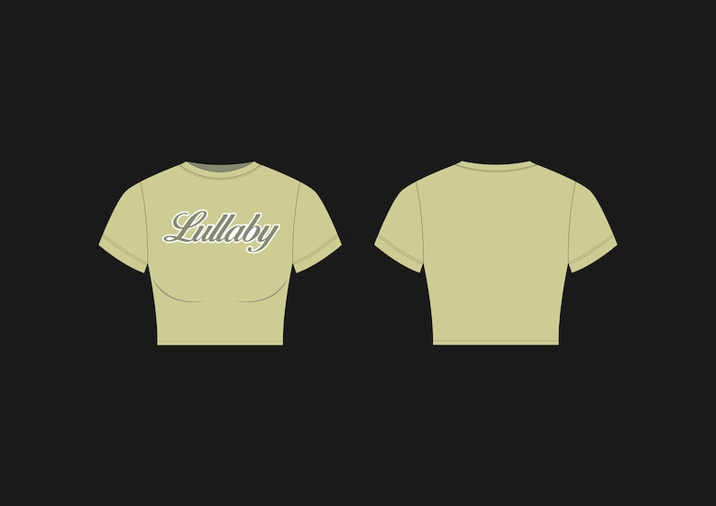 Puede incluir: Una camiseta verde claro recortada con mangas cortas y la palabra "Lullaby" impresa en la parte delantera en una fuente cursiva gris.