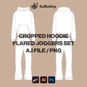 Cropped Hoodie Template Tracksuit Mockup Flared Joggers Vector Mockup Illustrator Procreate Template Design Clothing Brand Hoodie Tech Pack