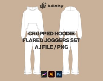 Cropped Hoodie Template Tracksuit Mockup Flared Joggers Vector Mockup Illustrator Procreate Template Design Clothing Brand Hoodie Tech Pack