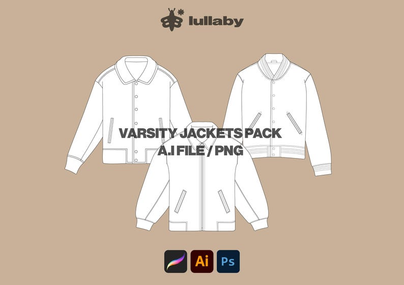 Varsity Jacket Template Pack Jacket Tech Pack Streetwear Vector Mockup Bundle Illustrator Template Procreate Mockup Flat Drawing Fashion CAD image 1