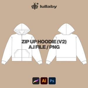 Streetwear Oversize Zip Up Hoodie Sweatshirt Mockup Vector Adobe Illustrator, Procreate, PNG, Clothing Template Sketch Tech Pack - Download