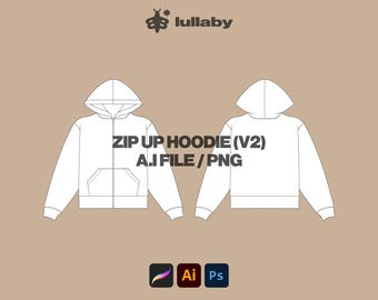 Streetwear Oversize Zip Up Hoodie Sweatshirt Mockup Vector Adobe Illustrator, Procreate, PNG, Clothing Template Sketch Tech Pack - Download