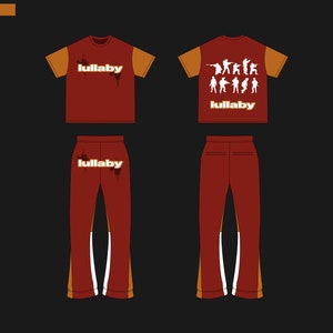 May include: A red and orange tracksuit with the word "lullaby" printed on the front and back. The back of the jacket has a graphic of several stick figures holding guns.