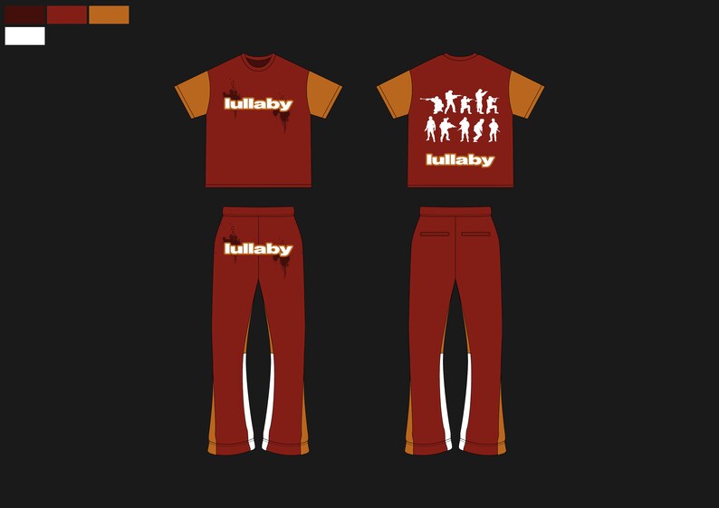 May include: A red and orange tracksuit with the word "lullaby" printed on the front and back. The back of the jacket has a graphic of several stick figures holding guns.
