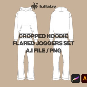 Cropped Hoodie Template Tracksuit Mockup Flared Joggers Vector Mockup Illustrator Procreate Template Design Clothing Brand Hoodie Tech Pack