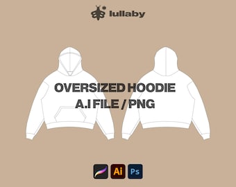 May include: A digital illustration of an oversized hoodie design in white, presented from both front and back views. The text "OVERSIZED HOODIE A.I FILE / PNG" is displayed. The Lullaby logo is at the top, with Adobe software icons at the bottom.