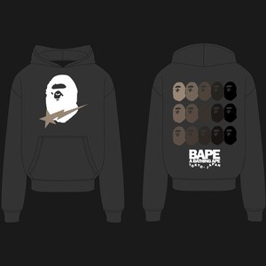 May include: Dark gray hoodie featuring a white ape head graphic with a brown lightning bolt and star. The back displays multiple ape head graphics in various skin tones, with "BAPE A BATHING APE TOKYO, JAPAN" text.