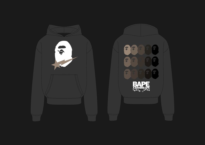 May include: Dark gray hoodie featuring a white ape head graphic with a brown lightning bolt and star. The back displays multiple ape head graphics in various skin tones, with "BAPE A BATHING APE TOKYO, JAPAN" text.