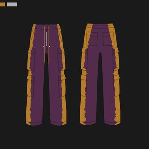 May include: Purple cargo pants with gold side panels and pockets. The pants have a drawstring waist and a relaxed fit. The design is shown from the front and back views. The pants are made of a durable material.