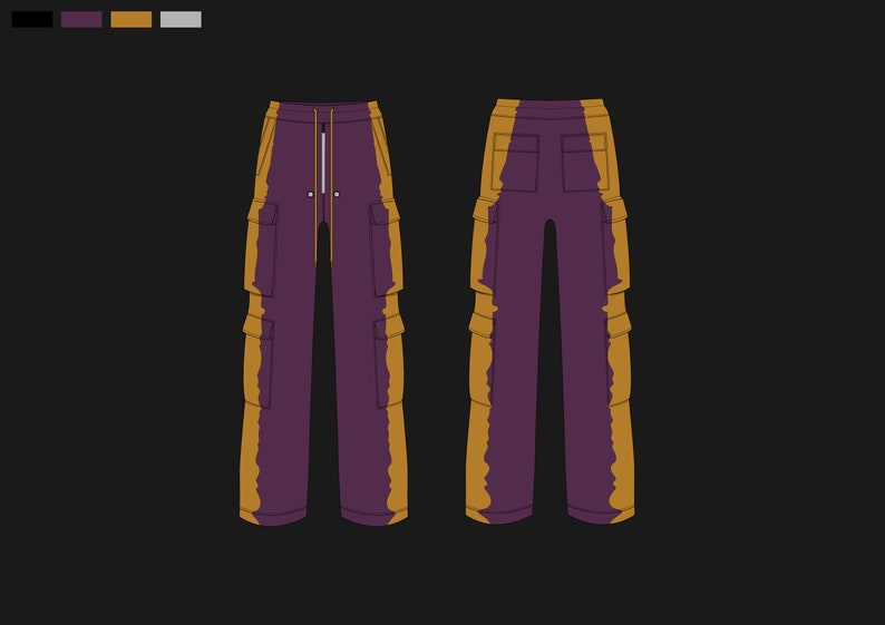 May include: Purple cargo pants with gold side panels and pockets. The pants have a drawstring waist and a relaxed fit. The design is shown from the front and back views. The pants are made of a durable material.