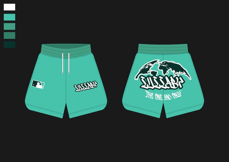 Puede incluir: Shorts deportivos de color turquesa con un gr&aacute;fico blanco de un mapa del mundo y el texto "SUSSABY THE ONE AND ONLY".