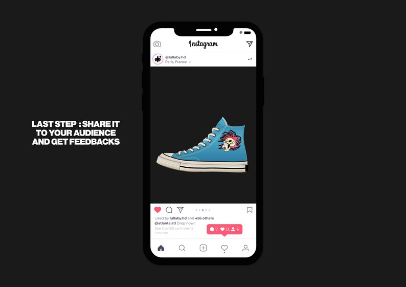 May include: A light blue high-top sneaker with a white sole and laces, displayed on a smartphone screen. The sneaker features a colorful graphic on the side. The Instagram interface is visible, with the text "LAST STEP: SHARE IT TO YOUR AUDIENCE AND GET FEEDBACKS."