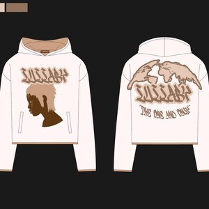 May include: Cream-colored hoodie with a brown and tan design. The front features a profile of a person and the word "Lullaby". The back displays a world map and the text "Lullaby" and "THE ONE AND ONLY".