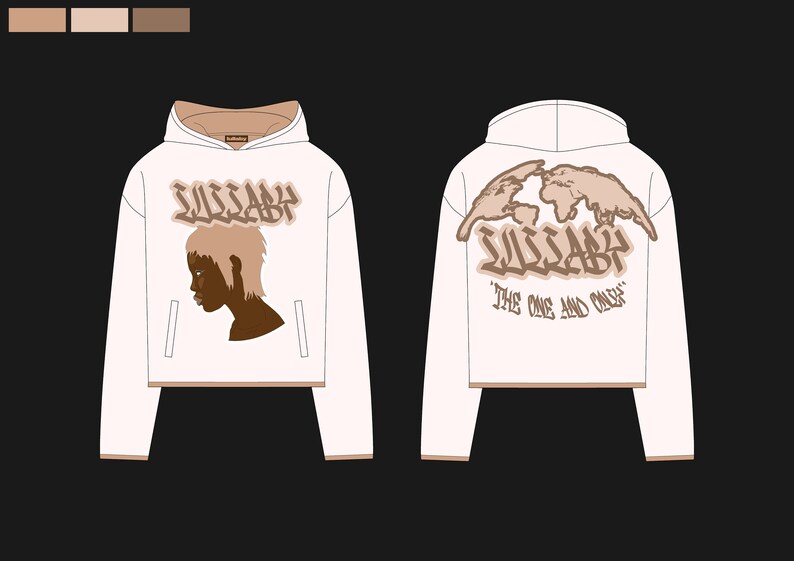 May include: Cream-colored hoodie with a brown and tan design. The front features a profile of a person and the word "Lullaby". The back displays a world map and the text "Lullaby" and "THE ONE AND ONLY".