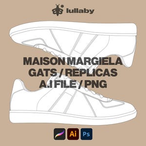 K&ouml;nnte beinhalten: Strichzeichnung von zwei wei&szlig;en Maison Margiela GATS/Replica-Sneakern, einer umgekehrt &uuml;ber dem anderen, auf beigem Hintergrund. Der Text enth&auml;lt "MAISON MARGIELA GATS / REPLICAS A.I FILE / PNG" und das Lullaby-Logo.