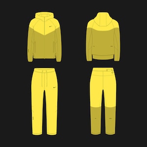 May include: A yellow hooded jacket and matching sweatpants with black accents and a Nike swoosh logo. The jacket has a zipper closure and a hood. The sweatpants have a drawstring waistband and pockets.