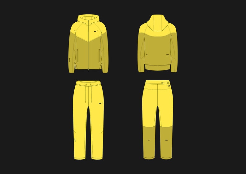 May include: A yellow hooded jacket and matching sweatpants with black accents and a Nike swoosh logo. The jacket has a zipper closure and a hood. The sweatpants have a drawstring waistband and pockets.