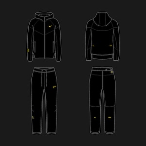 May include: A black tracksuit with yellow accents. The jacket has a hood and a zipper closure. The pants have a drawstring waistband and pockets.
