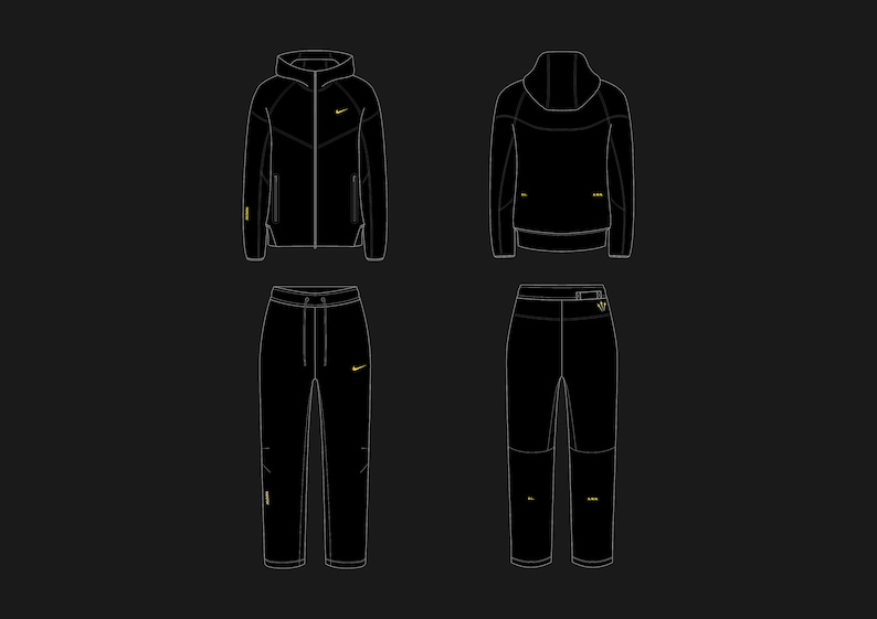 May include: A black tracksuit with yellow accents. The jacket has a hood and a zipper closure. The pants have a drawstring waistband and pockets.